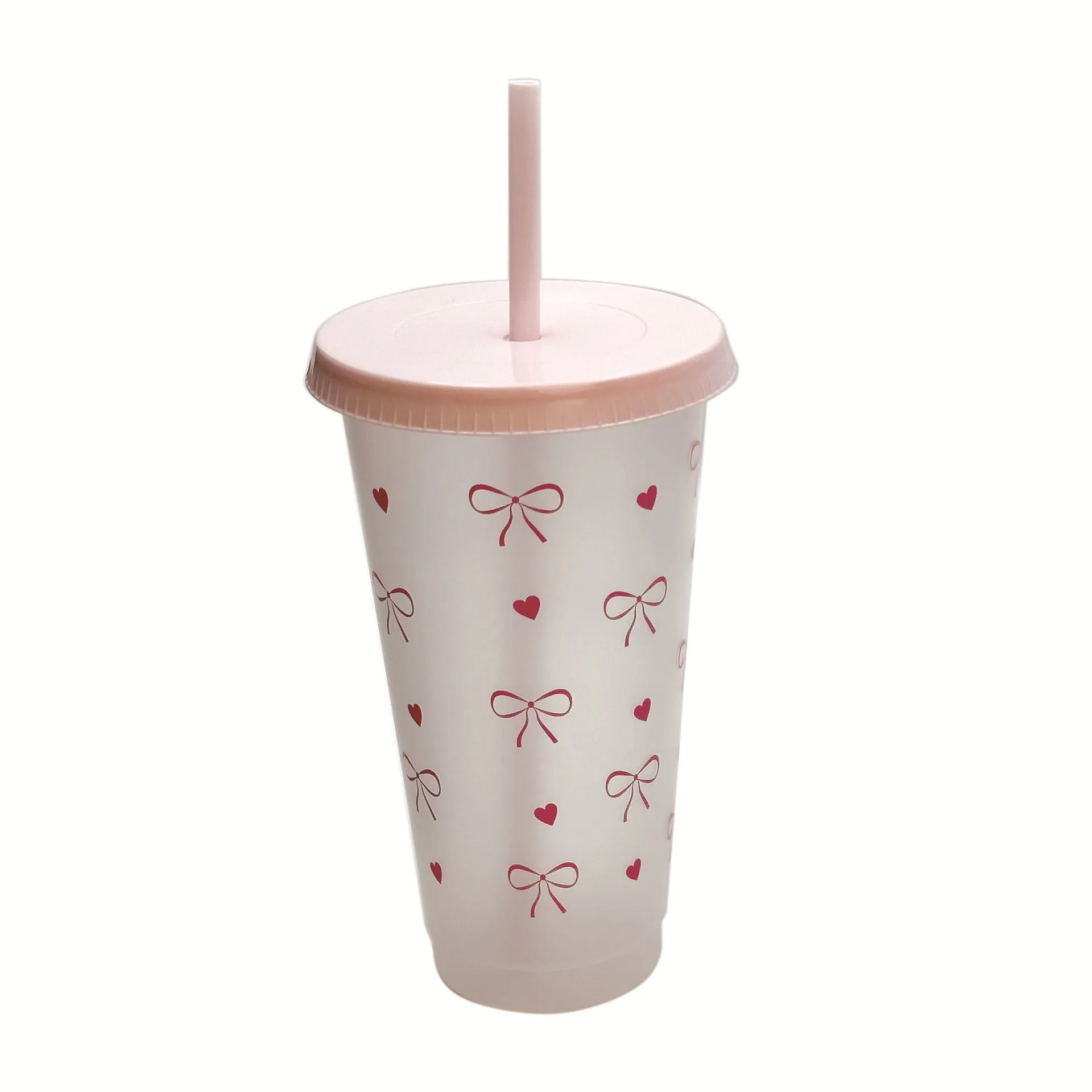 Promotion Stadium Pink Bow Plastic Cup With Lid And Straw Reusable Clear Cup