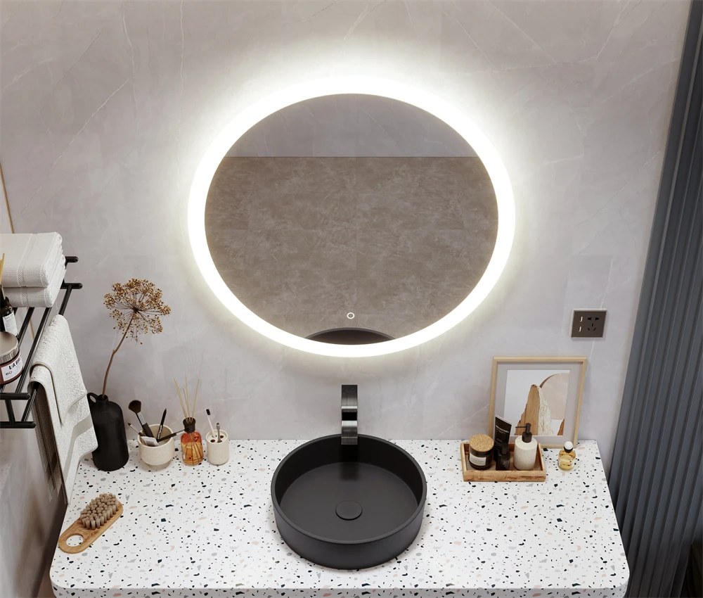 Anti fog smart led bathroom mirror round decor wall mirror with led light makeup mirror