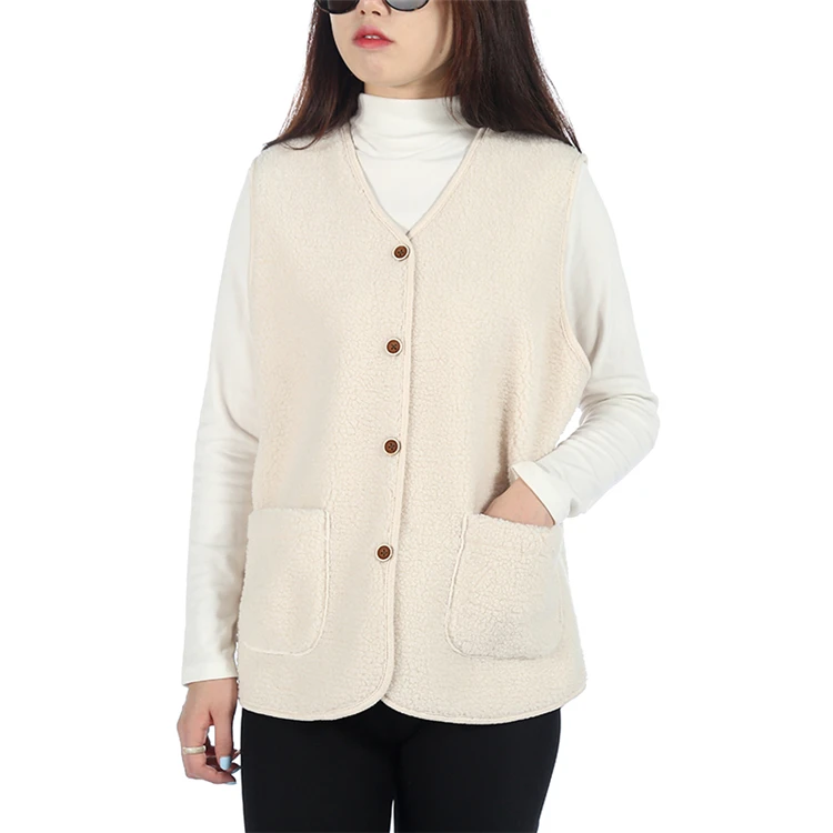 Оптовая продажа, шерстяной меховой жилет с карманами, вязаный жилет из овечьей шерсти с V-образным вырезом, женский жилет из овечьей шерсти с карманами для женщин