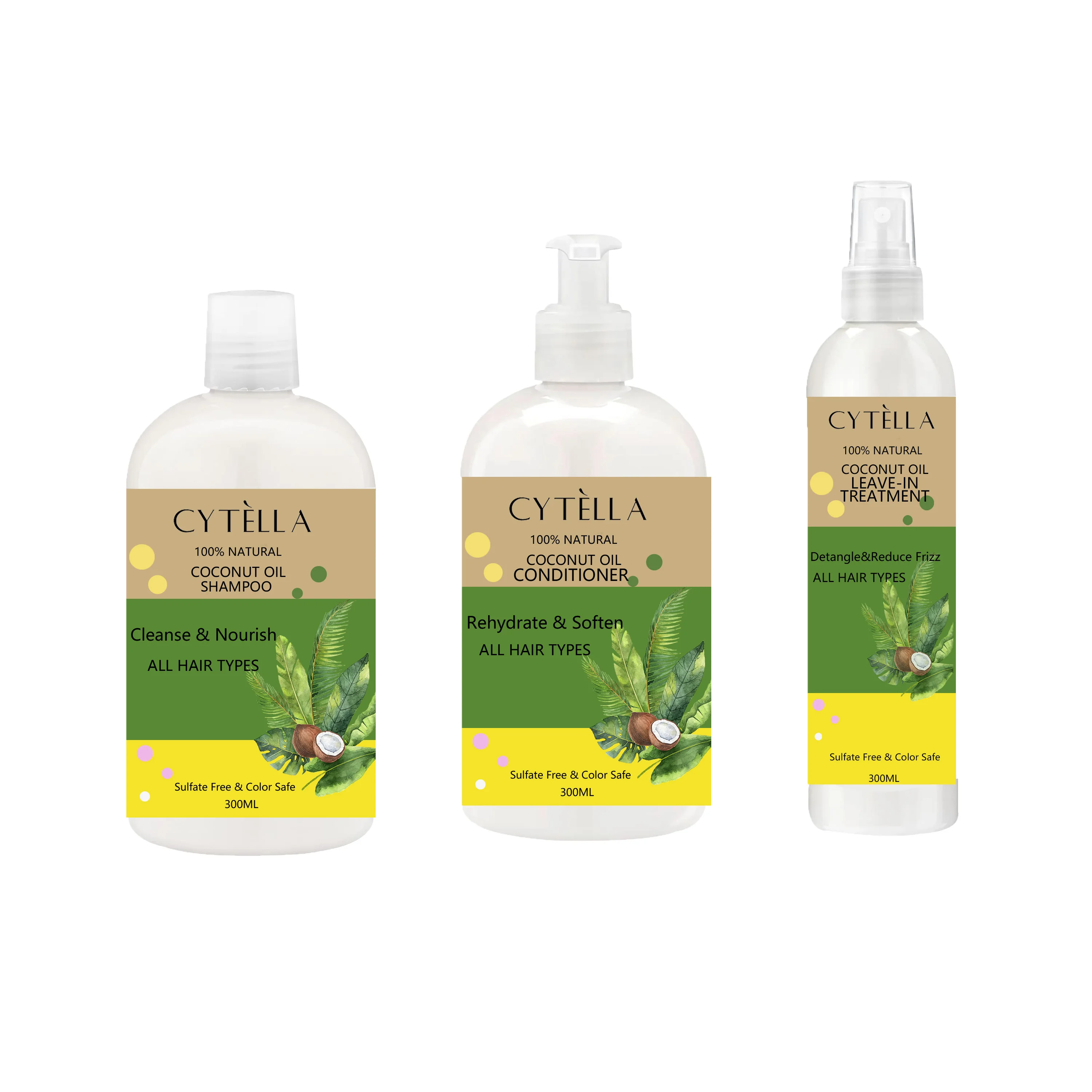 Shampoo and Conditioner Set, with Leave In Treatment Spray  100% natural Coconut Oil, Curly Hair Products Bundle