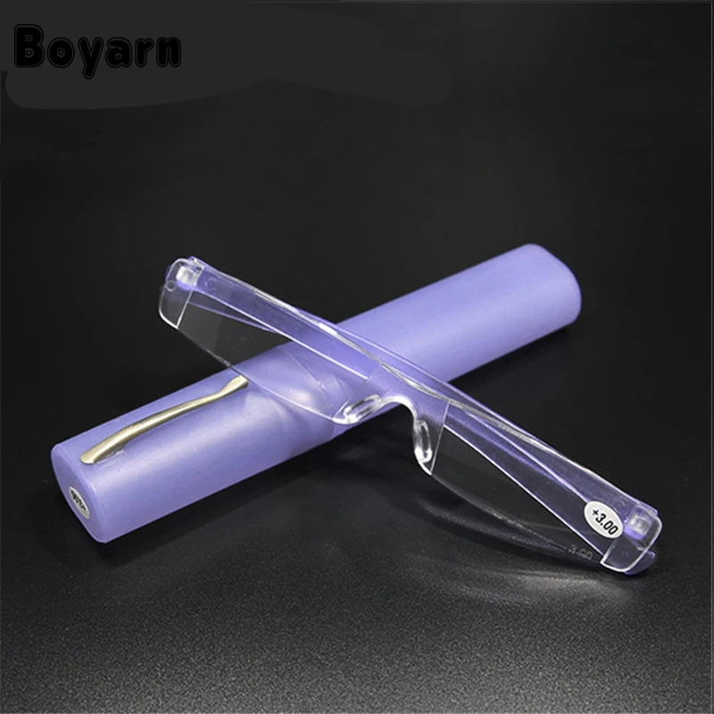 Rimless Reading Glasses Women Men Resin Clear Lens Eyeglasses Portable Pen Tube Presbyopia Glasses with Case +1.0 +4.0