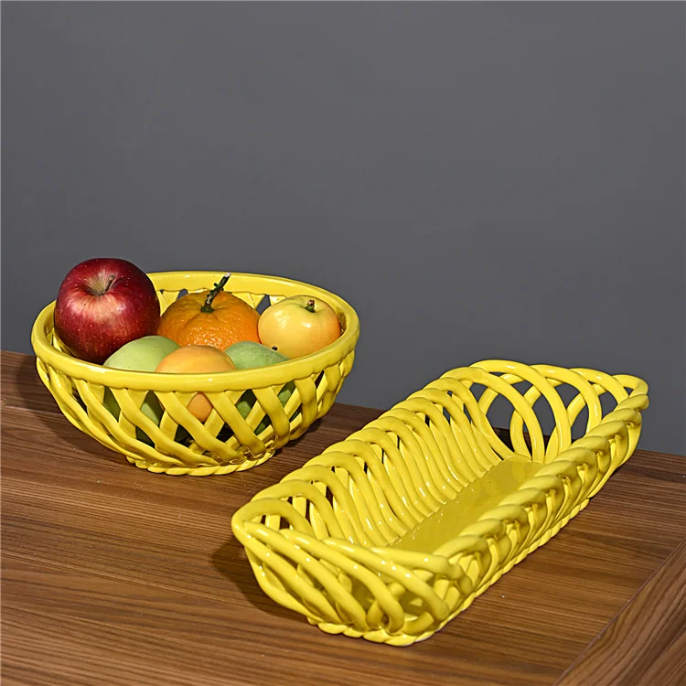 Ceramic Custom Shaped Basket Porcelain Home Decor Yellow Fruit Holder Woven Decorative Knitting Storage New Style Fruit Basket