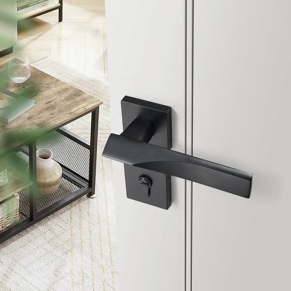 Yonfia A8280R03 modern square solid black aluminium lever door handle home toilet interior door lock handle black for wood door