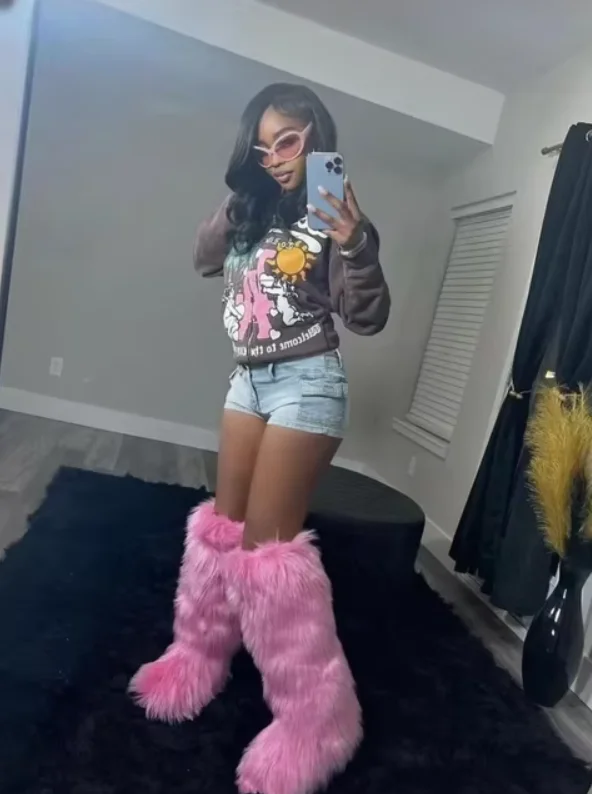 Autumn and Winter Thickened Warm Leggings for Girls, Y2K Faux Fur Boots Socks, Fluffy Long Tubes Pile