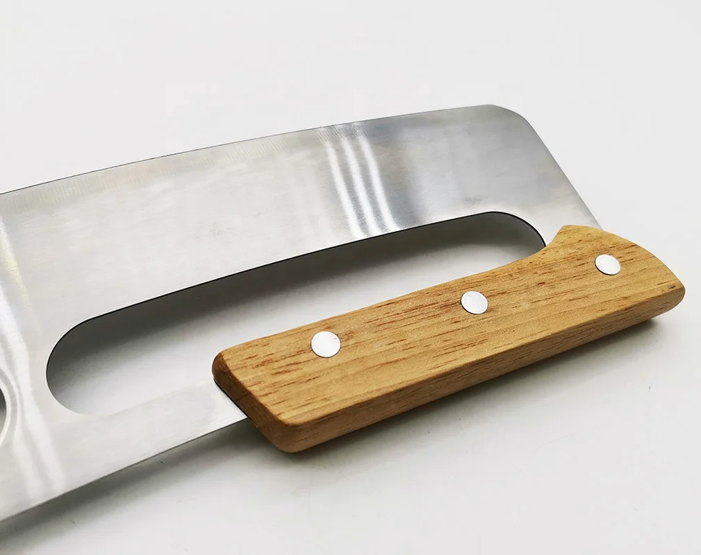 2024 New Products Kitchen Top Seller Mezzaluna Cover Blade Mezzaluna Chopper Knife Pizza Cutter Slicer Knife With Double Wooden