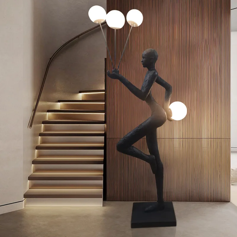 custom modern decoration indoor hotel decor fiberglass large human abstract sculpture aluminum metal spiral led floor lamp