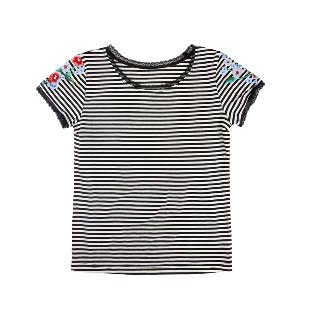 
100% Cotton Baby Girls Ultra Soft Jersey Tshirt Embroidered Short Sleeve Stripe Printed Tees with Lace 