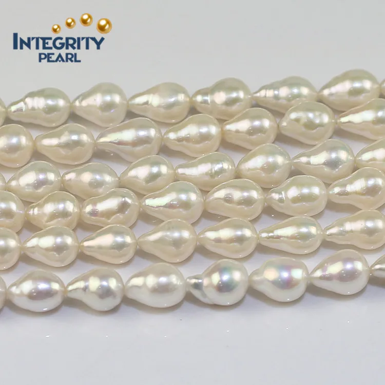 9-10mm  long edison tear drop irregular white freshwater real cultured strand beads baroque pearls 3A