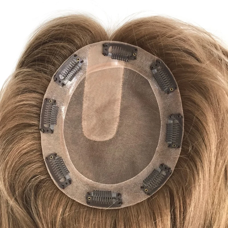 MONO Top Part Silk Top Brown Virgin Hair Women Hair Piece System Topper With Clips