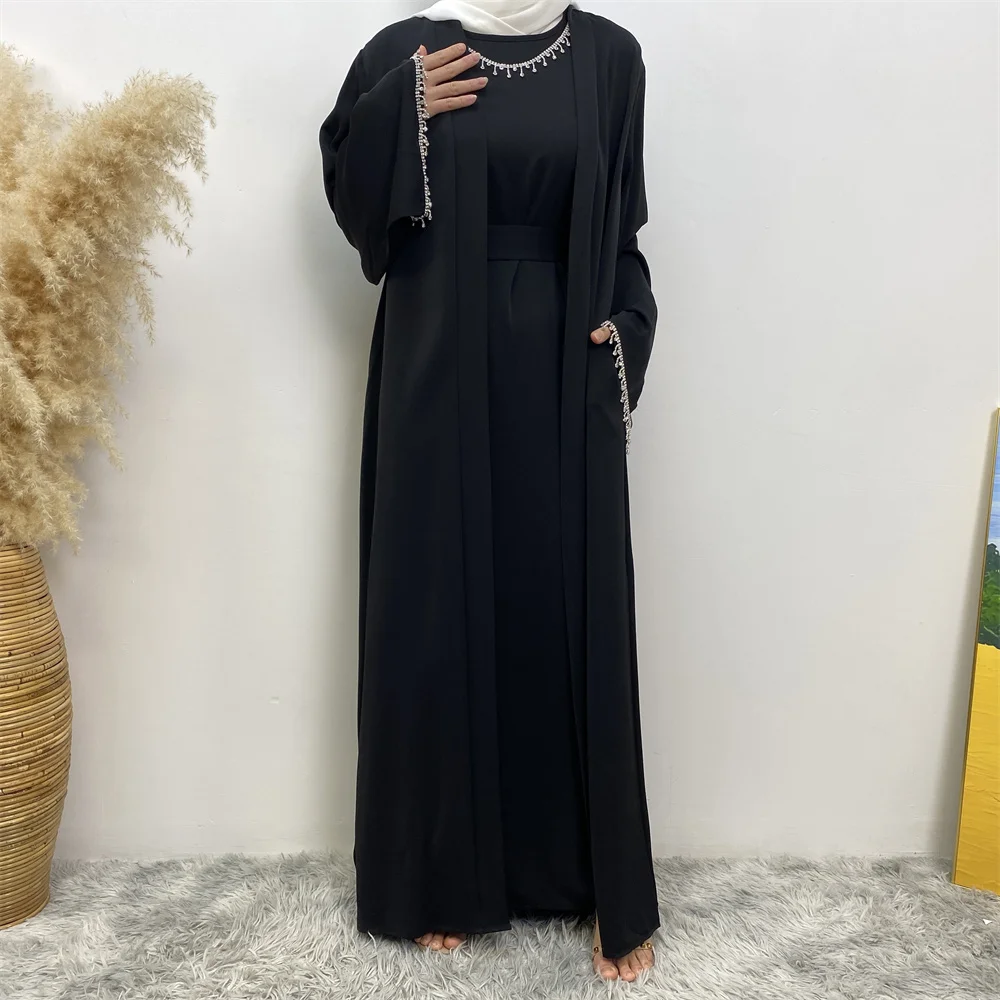 2006+6595# Elegant Muslim Women Dress Eid Diamond Abaya with Sleeveless Inner Two Pieces One Set