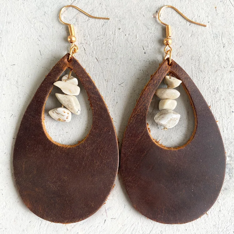 Bohemian Lightweight Leather Dangle Earrings for Women Dark brown Teardrop Earrings