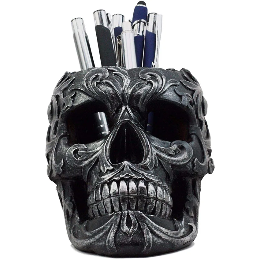 Смола Черепа скелета головы карандаш для хранения тату Цветочный Череп ручка держатель Статуэтка (62339561416)