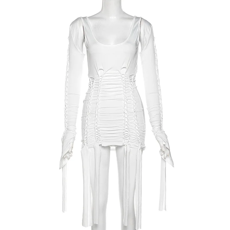 Spring Summer Casual Bandage Hollow Out Dress With Irregular Straps Dress Women Ladies Elegant Dress