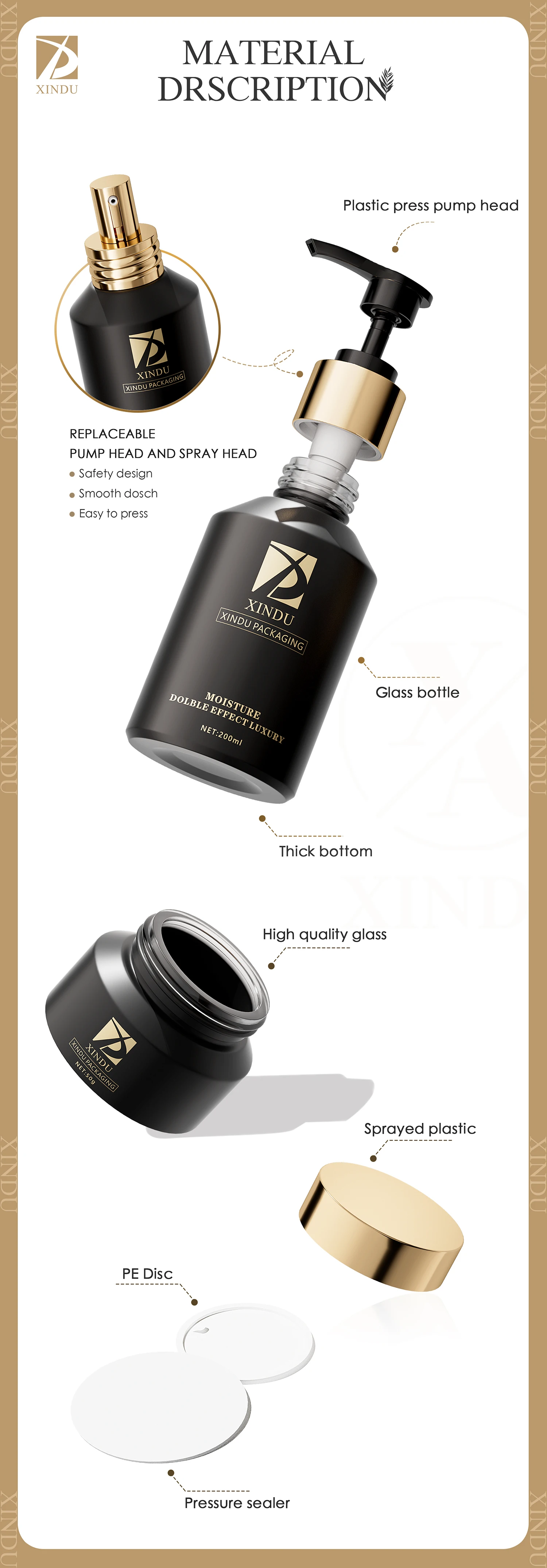15ml-200ml cosmetic packaging matte black slant shoulder glass bottle with gold lid pump dropper lotion bottle cream jar sets