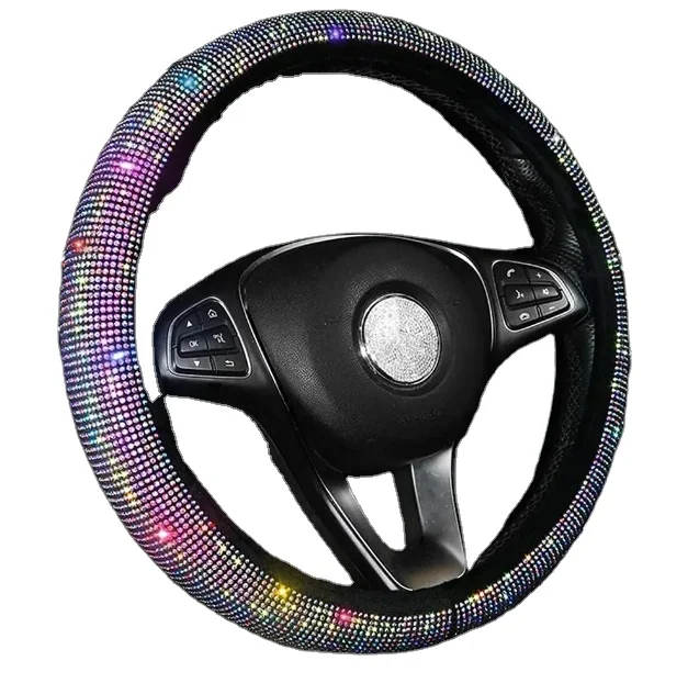 Car Steering Wheel Cover Interior Rainbow Blue Shining Diamond Rhinestones Crystal Bling Car Steering Wheel Cover For Women