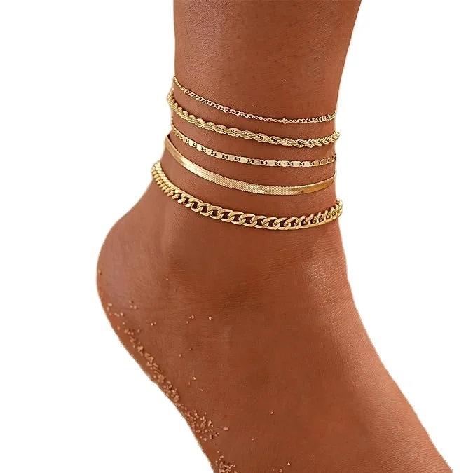 2024 Multilayer Layer Prices Zircon Womens Foot 14K Gold Plated Leg Waterproof Jewelry Chain Zircon And Anklet Sets For Women