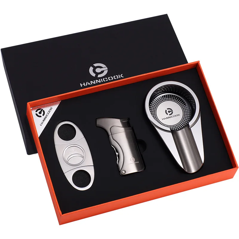 Custom logo cigar set including cigar cutter cigar lighter ashtray three pieces custom luxury gift box set