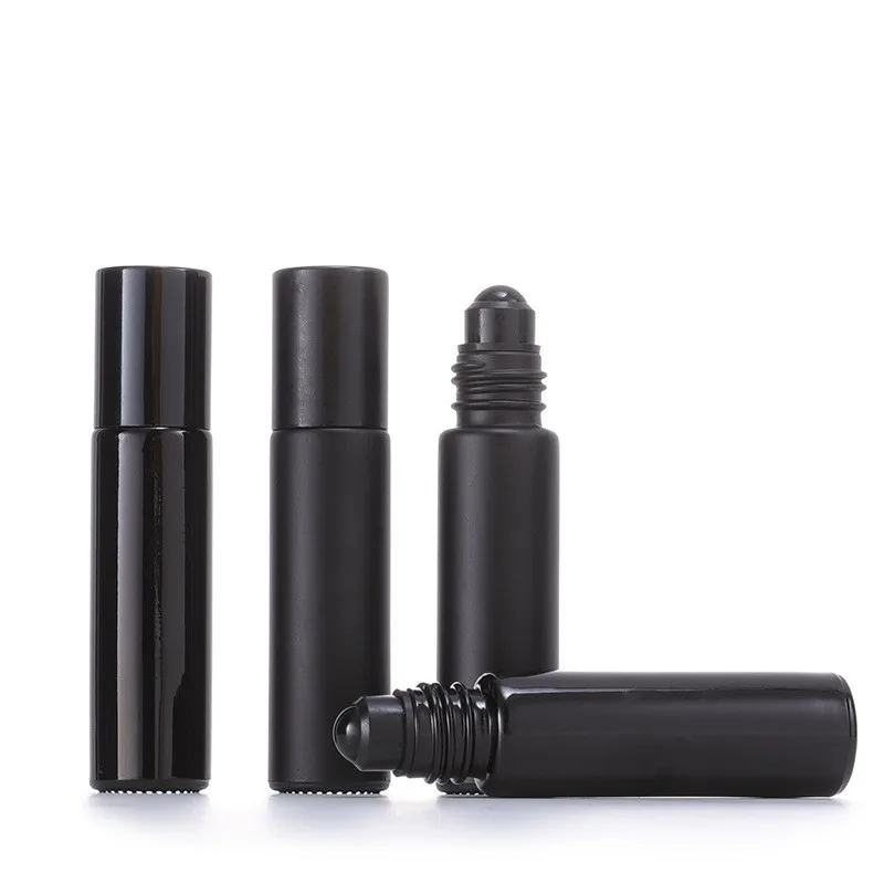 High Quality 10ml Cosmetic Packaging Shiny Black Roll On Bottle 10 ml Essential Oil Frosted Black Glass Roller Perfume Bottle