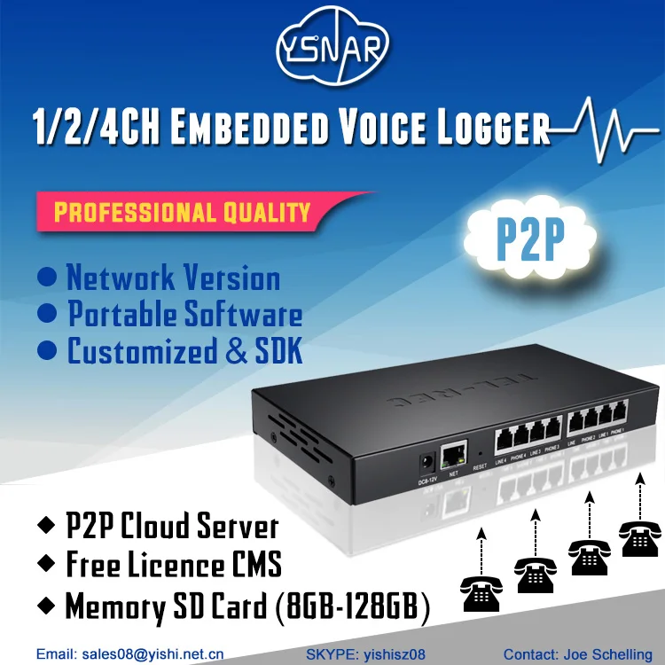 4-Line Standalone P2P Cloud Network Voice Logger with SD Card & SDK, Customized Answering Machine Telephone Call Voice Recorder