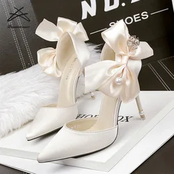 RTS Luxury fashion women party wedding bride dress shoes butterfly knot pearl satin thin heel lady woman heel shoes