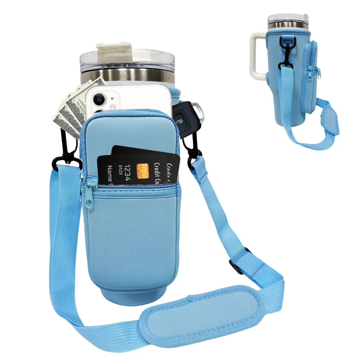 Manufacturer Custom Adjustable Strap Neoprene Water Bottle Carrier Sleeve Pouch Cup Holder Sling Bag With Zipper Phone Pocket