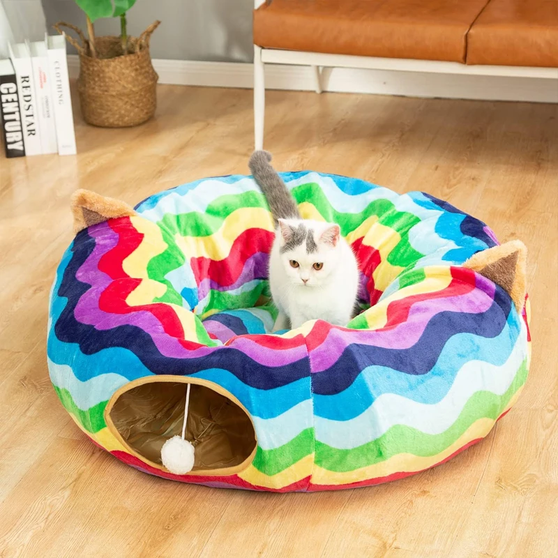 New fashion designed good quality Rainbow colors breathable durable donut cat tunnel bed
