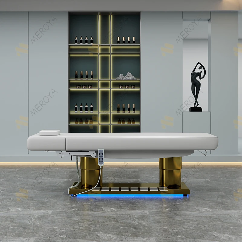New beauty salon furniture white leather gold base massage table bed 4 motor electric control cosmetic facial spa salon bed