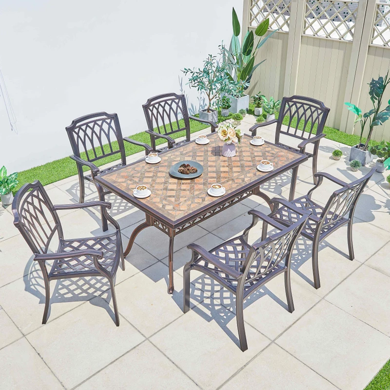 European-style outdoor cast aluminum dining tables and chairs outdoor waterproof and rust-proof can be multi-seat long table