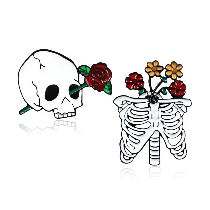 Fashional gothic halloween enamel badge rose skeleton brooch skull pins