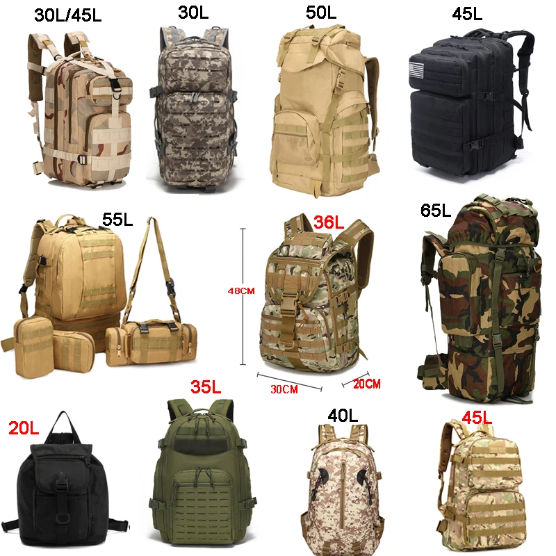 Hot Sale 25l 40L 45L 30L 35L 60L 50L Waterproof Outdoor 900d Oxford Tactical Bags For Camping Hiking Backpacks Knapsack Daypack