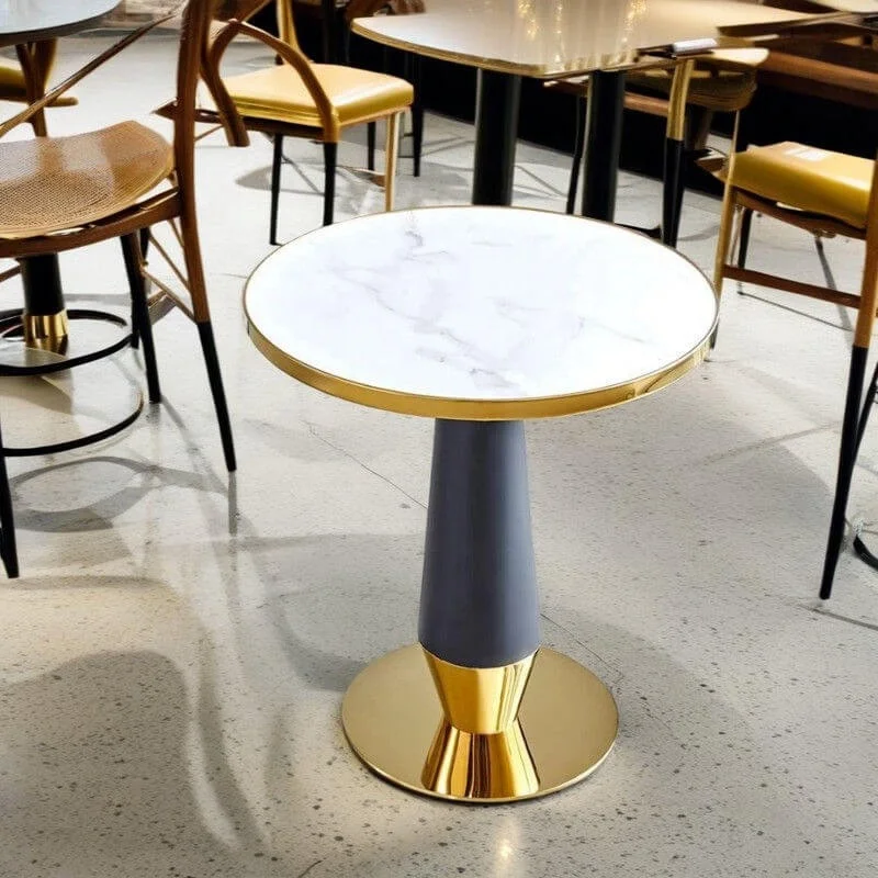 Modern Coffee Shop Restaurant Luxury Stainless Steel Gold Base Glossy White Sintered Stone Top Round Table