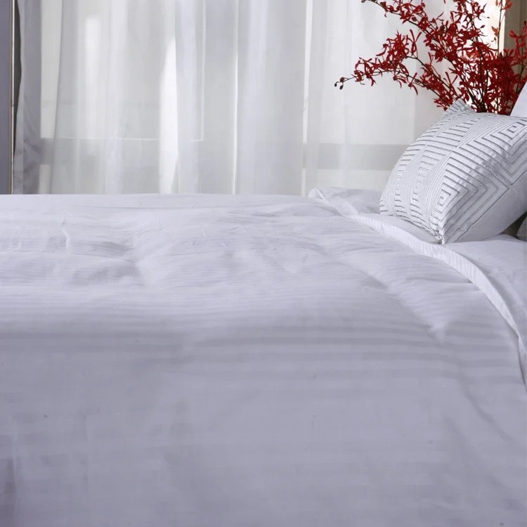 LINENPRO luxury hotel guest house hospital sheet sets bedding white satin stripe cotton embroidery duvet cover sheet full size