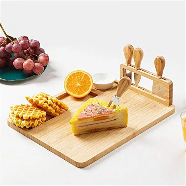 Kitchen Meat Charcuterie Platter Serving Tray wood bamboo cheese board with knife set with 4 stainless steel
