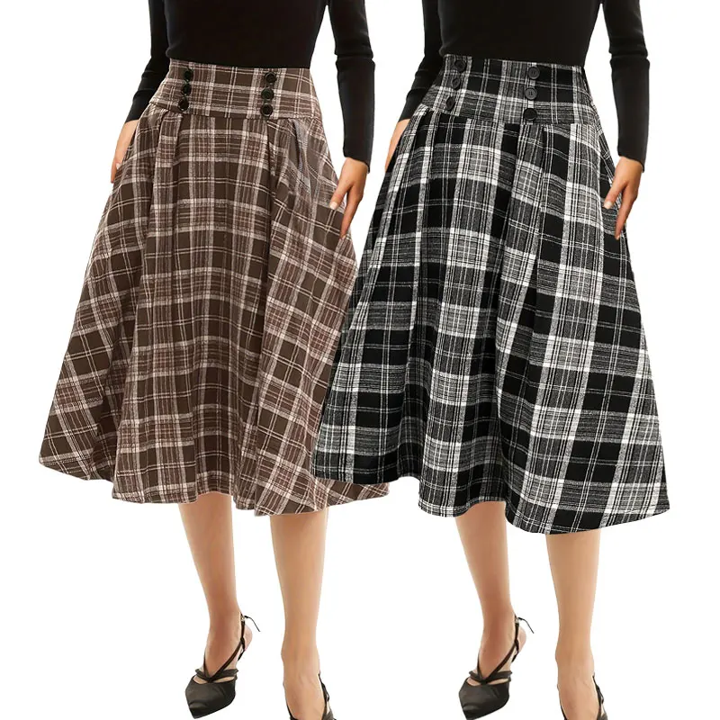 OEM Vintage Swing Elastic Plaid Print High Waist Buttons Decorated A-Line Mid Womens Plaid Retro Knit Flare Skirts