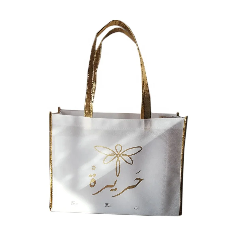 
White Non-woven Shopping Tote Bags with Gold Handle and Logo for Promotion Trade Show 