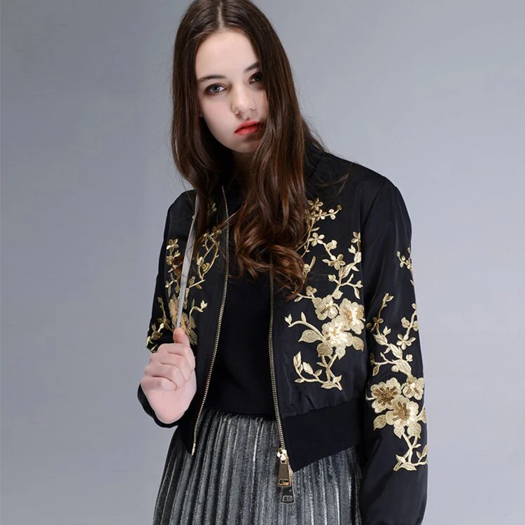 Custom Black Satin Bomber Jacket Women Winter Golden Embroidered Jacket Wholesale
