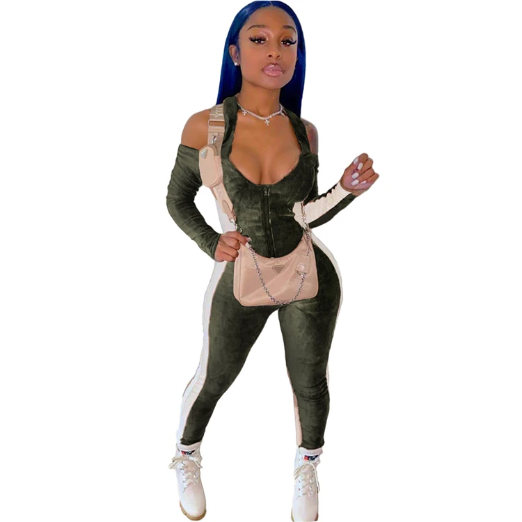 Winter clothes for women neck splice sexy bodycon backless one piece jumpsuits with zipper new arrivals 2021