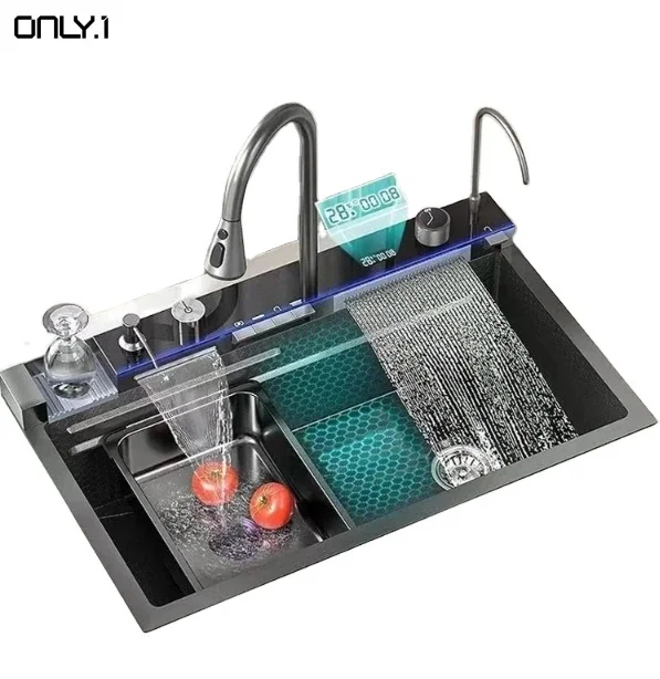 Complete Whole Set Waterfall Kitchen Sink Big Single Bowl with Dish Rack Under Mount Sinks Stainless Steel Modern Polished AF