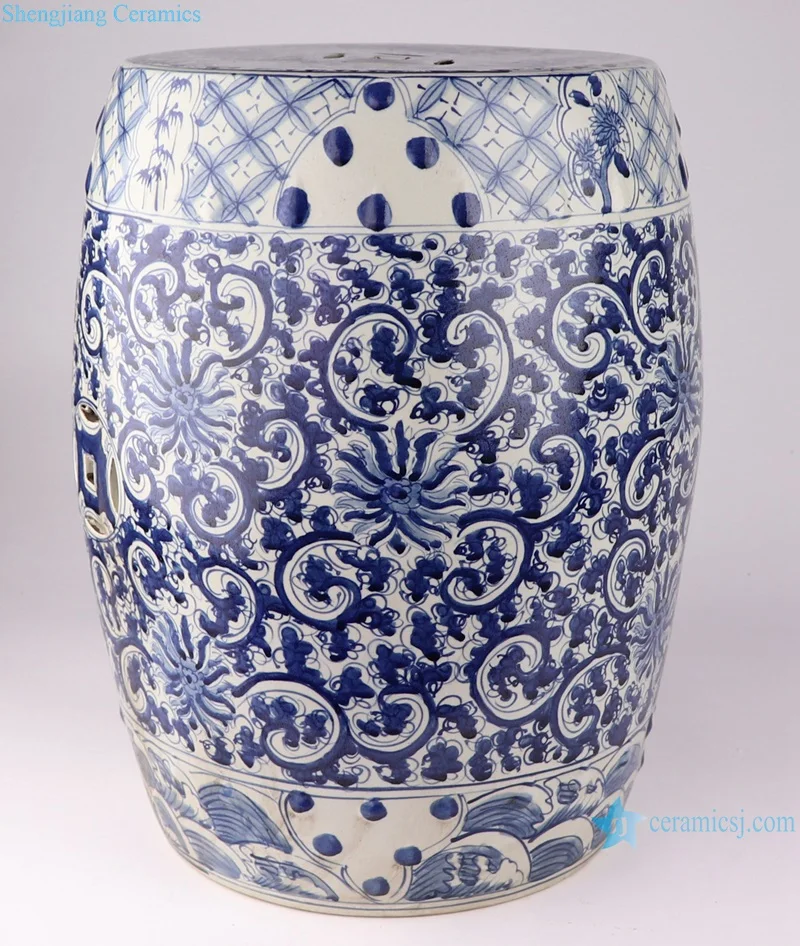 RYKB164-A Blue and White Porcelain hand Painted Twisted flower Pattern Home Garden Drum Stool Ceramic Seat