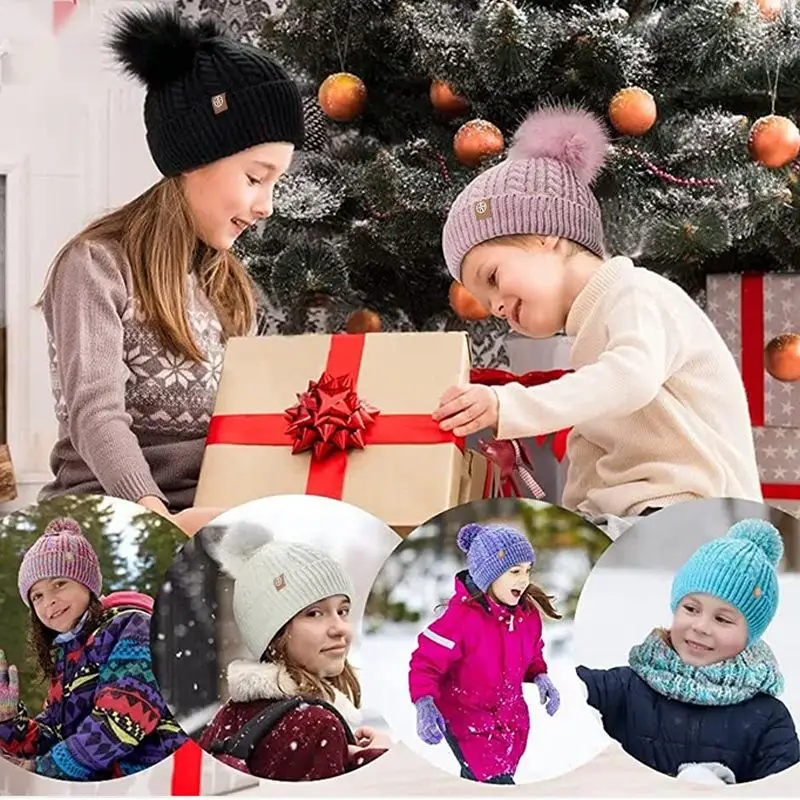 Children 5-12 Years Old Pom Pom Beanie Hat Scarf And Gloves Three-Piece Winter Fleece Warm Knit Hat Gloves And Scarf Set