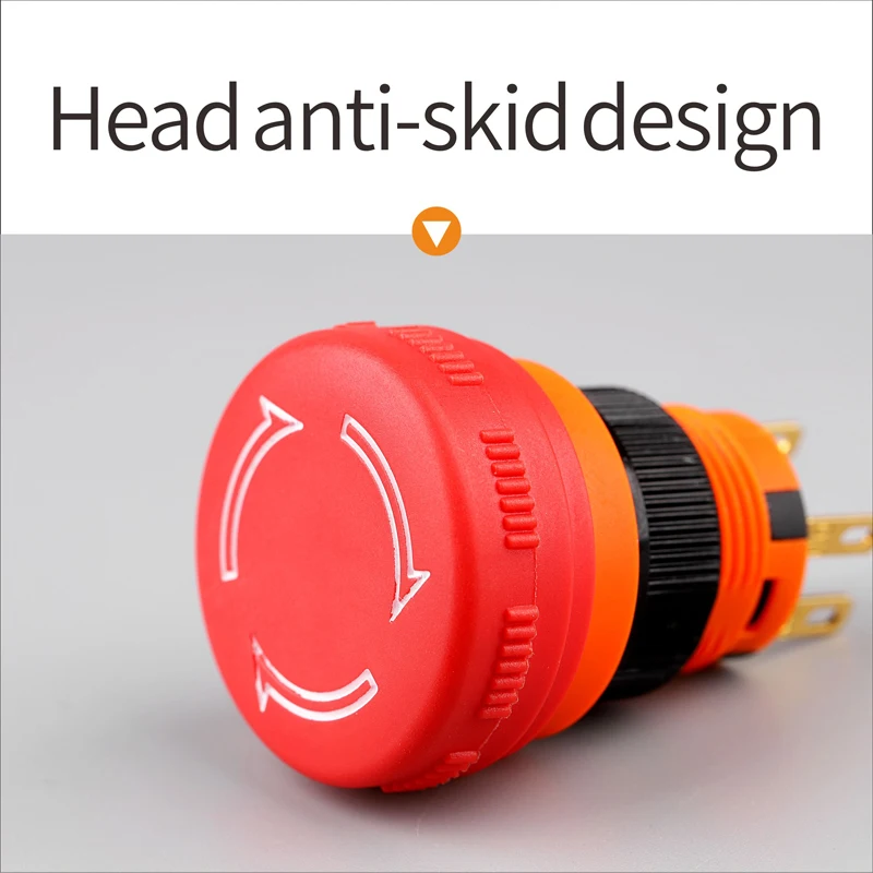 LANBOO 16mm High Current Plastic Mini Stop Emergency Button Switch Mushroom Head With Arrow Latching Flame Retardant PA66