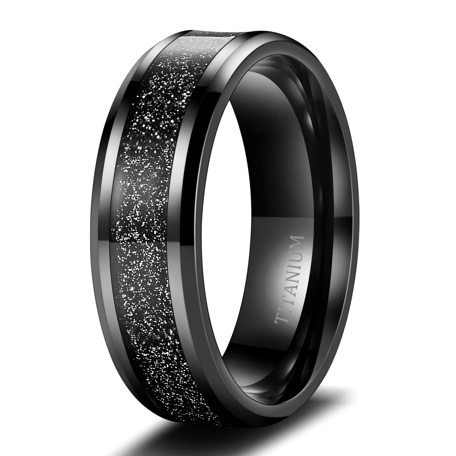 Somen Mens 8mm Black Titanium Rings Beveled Edges Engagement Wedding Band Black Sandstone Inlay Fashion Jewelry Size 7-13