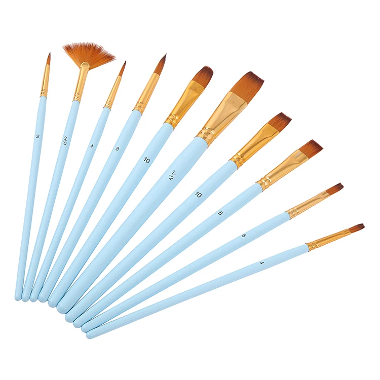 High Quality Nylon Hair Wood Handle Paint Brush Acrylic Watercolor Oil Gouache 10 PCS Professional Artist Painting Brushes Kit