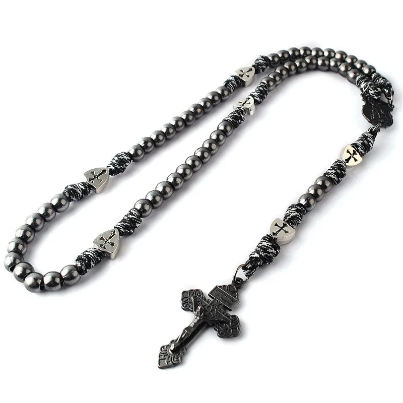 Factory Wholesale Classic Religious Paracord Rosary Black Metal Beads Necklace with St.Michael Crucifix for Men
