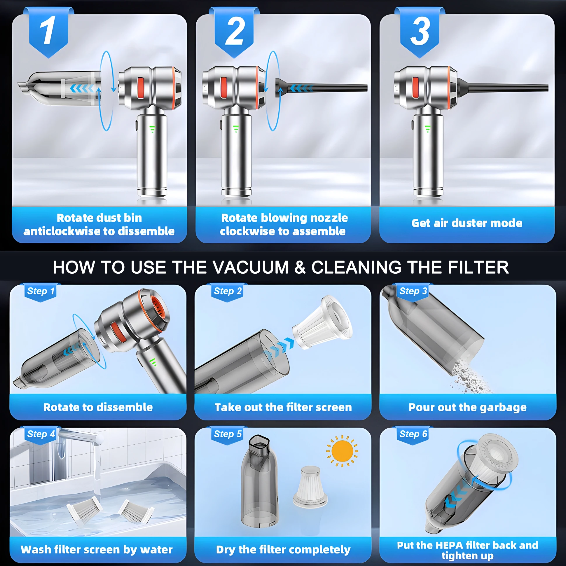 15kpa Brushless Motor Cordless Vacuum Cleaner Powerful Type C Fast Charging 3 Gear Car Vacuum Cleaner Compressed Air Duster