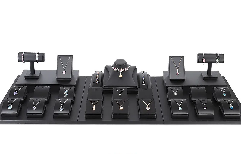 Luxury Black PU leather jewelry display set Jewellery Shop Counter Ring Necklace Bangle Display Stand Set