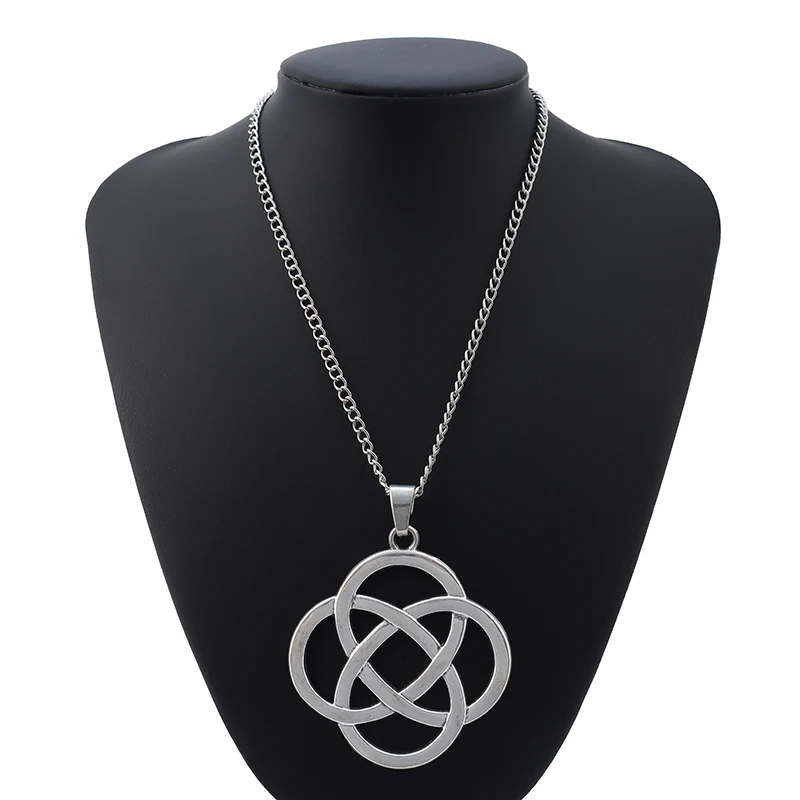 
Antique Silver Large Abstract Metal Chinese Knot Pendants on Long Curb Chain Necklace Lagenlook 34