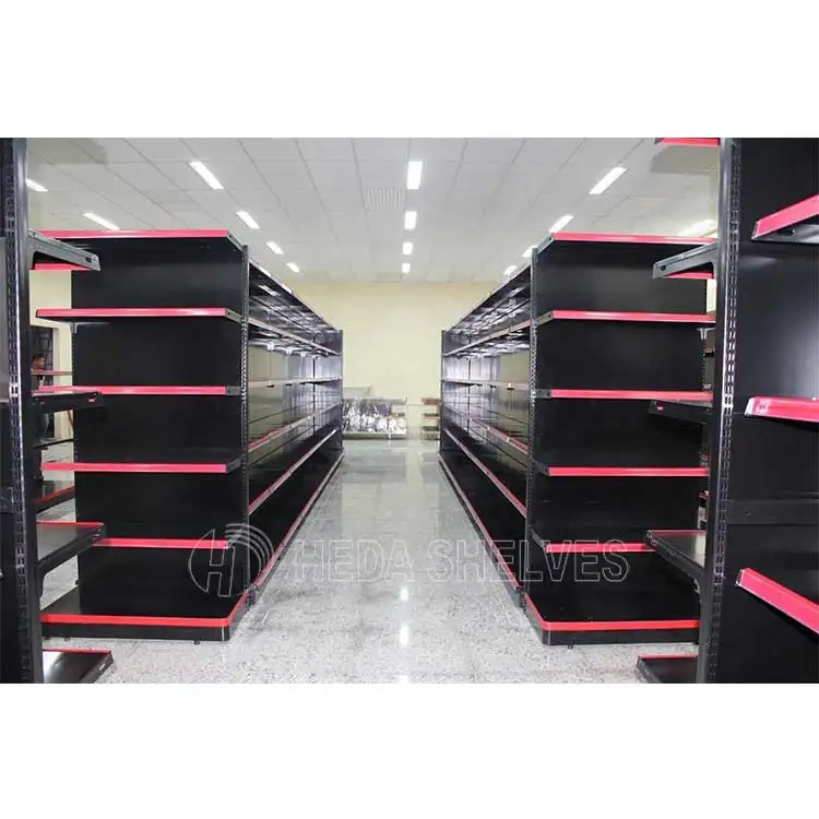 Classic red and black supermarket gondola shelves for grocery store/convenience store display rack
