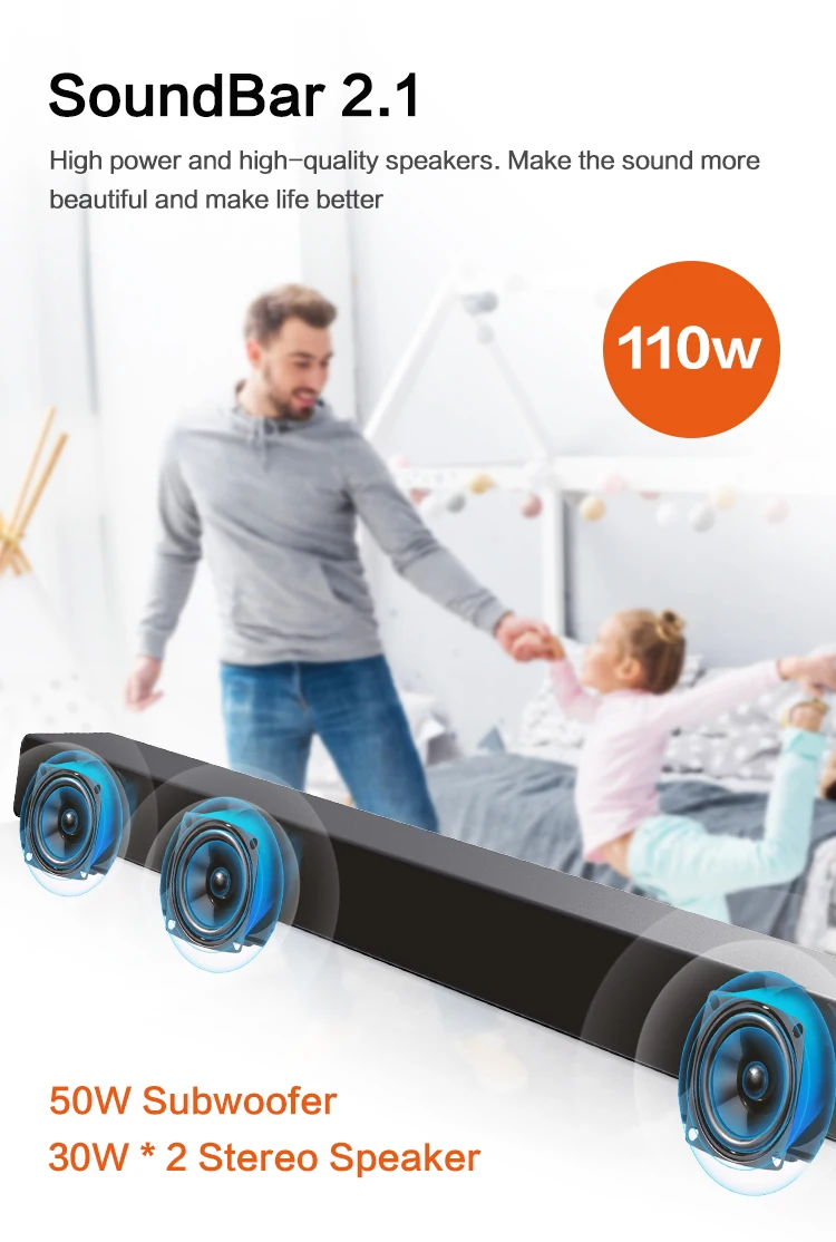 Super Slim 110 Watts Sound Bar Wireless Powerful 3D Surround Stereo Speakers DSP SoundBar 2.1 Bluetooth Sound Bar