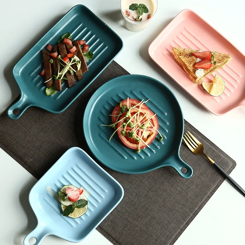 
Nordic Creative Ceramic Matte Handle Disc Rectangular Dessert Baking Pan Steak Plate Salad Plate Tableware 